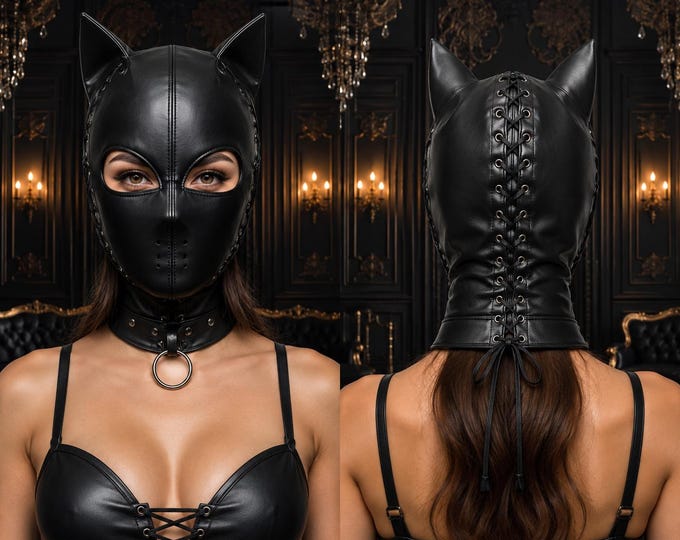 Gothic Leather Cat Face Hood, Full Head Cosplay Hood, Lace-Up Headwear, Open Eye Design