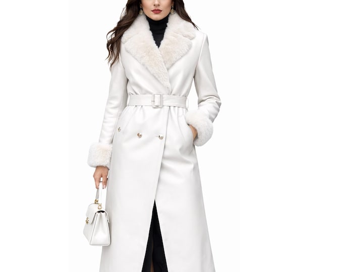Ivory White Leather Trench Coat for Women with Fur Collar