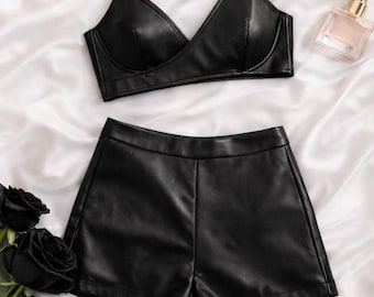 Women's Vegan Leather Lingerie Set | Faux Leather Bralette & High Waist Shorts