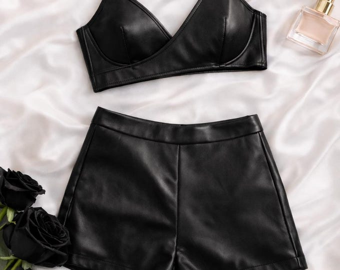 Women's Vegan Leather Lingerie Set | Faux Leather Bralette & High Waist Shorts