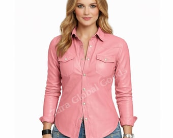 Handmade Pink Sheepskin Leather Shirt – Women’s Western Style Top