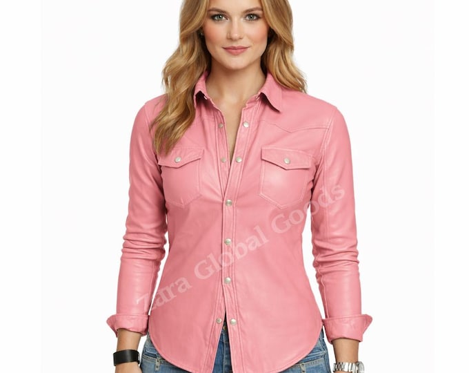 Handmade Pink Sheepskin Leather Shirt – Women’s Western Style Top