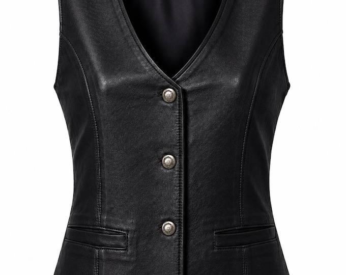 Handmade Women’s Genuine Leather Vest Slim Fit Biker V Neck Button Front Motorcycle Fashion