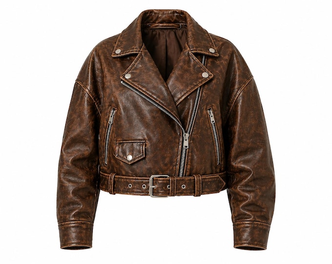 Women’s Oversized Biker Jacket Vintage Brown, Cropped Moto Coat with Belt, All Colors Available