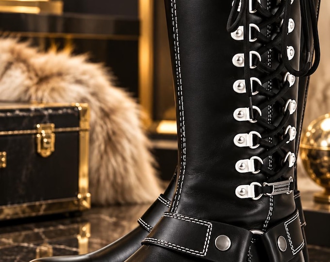 Unisex Leather Knee High Boots, Lace Up Combat Boots, Side Zip, Handmade Footwear