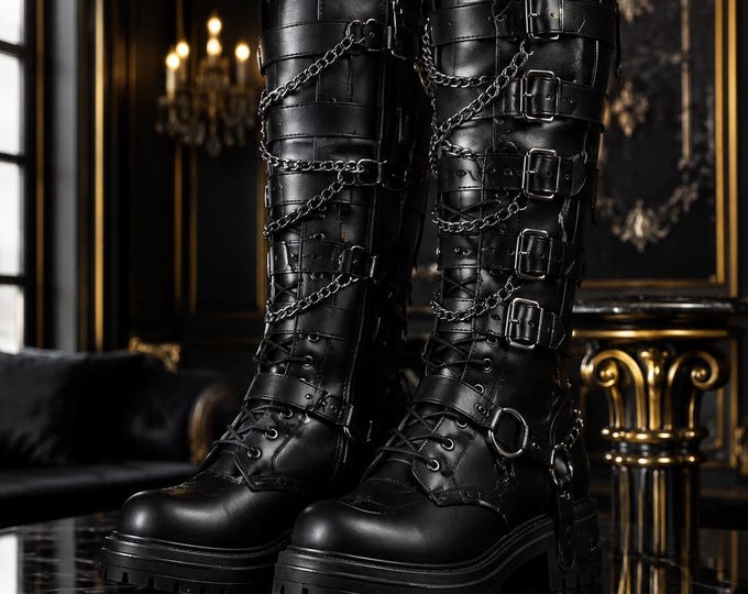 Gothic Leather Combat Boots, Tall Platform Knee High Boots with Buckles and Chains
