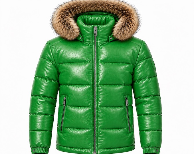 Men’s Puffer Jacket, Genuine Leather, Fur Hood, Quilted Winter Coat