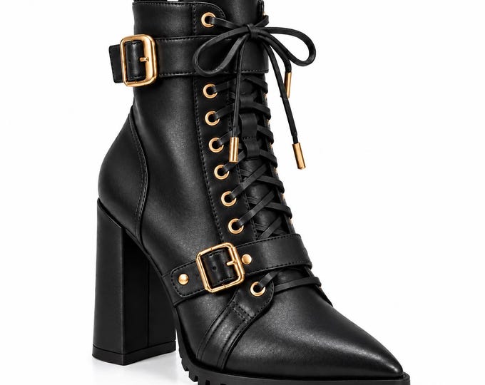 Women's Lace Up Ankle Boots, Pointed Toe Chunky Heel Riding Boots, Leather Fall Shoes