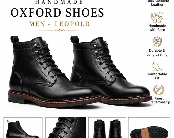 Men’s Genuine Leather Oxford Boots Handmade – Classic Lace-Up Comfortable Durable Ankle Shoes