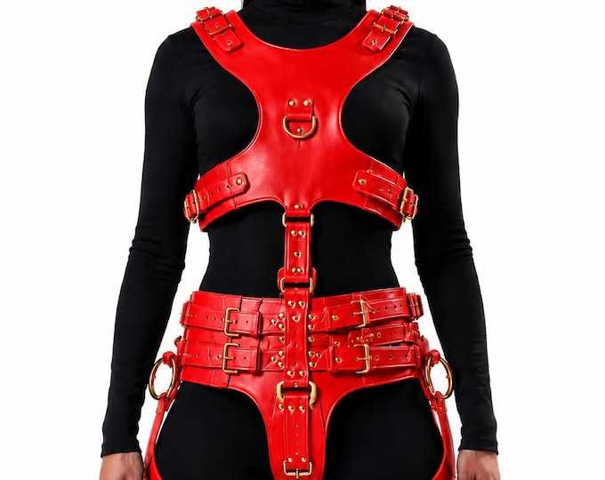 Gothic Leather Body Harness, Adjustable Festival Costume, Alternative Fashion Chest and Thigh Harness