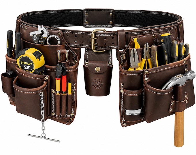 Heavy Duty Leather Utility Organizer, Adjustable Handyman Carpenter Electrician Work Apron