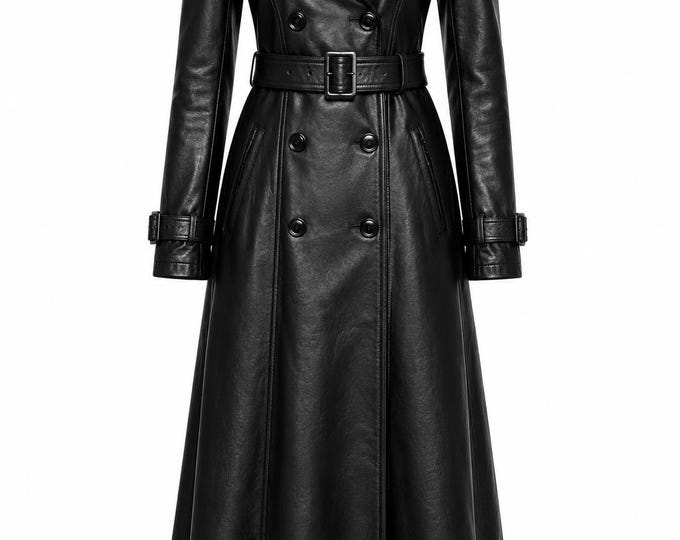 Women's Genuine Leather Trench, Retro Maxi Overcoat, Handmade Belted Jacket, Custom Size