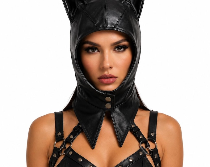 Leather Cat Ear Hood Gothic Cosplay Fantasy Costume Festival Headpiece Unisex