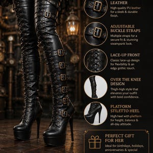 Women Thigh High Leather OTK Boots, Gothic Steampunk Platform Heels, Lace Up Buckle Style
