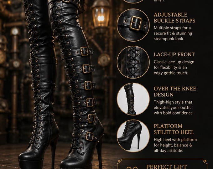 Women Thigh High Leather OTK Boots, Gothic Steampunk Platform Heels, Lace Up Buckle Style