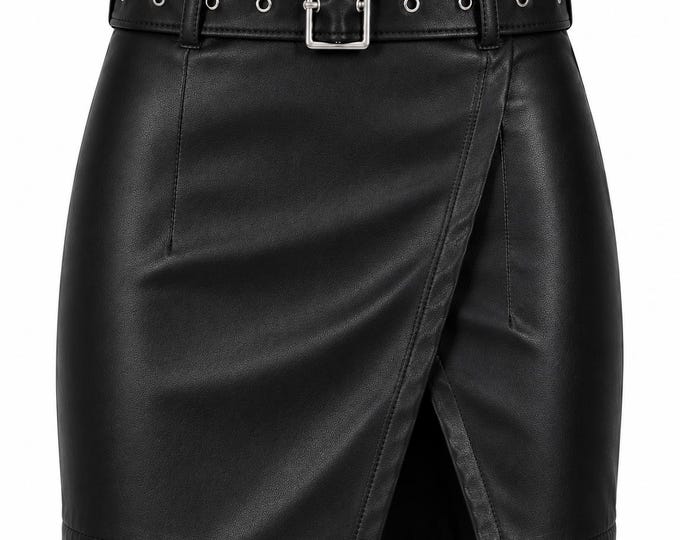 Women’s High Waist PU Leather Skirt, Belted Wrap Slit, Gothic Y2K