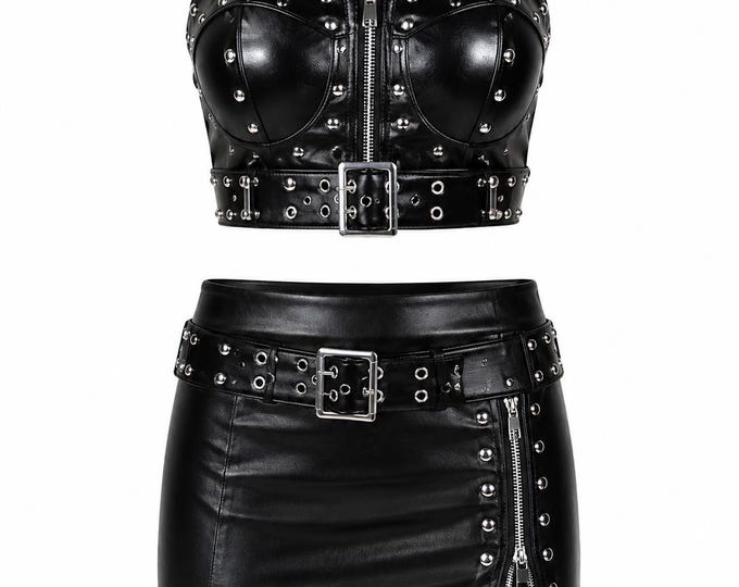 Women’s Studded Faux Leather Two Piece Set Crop Top & Mini Skirt Gothic Party Clubwear