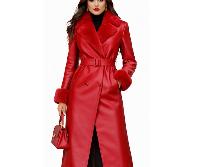 Red Leather Trench Coat for Women with Fur Collar – Handmade Luxury Winter Wear