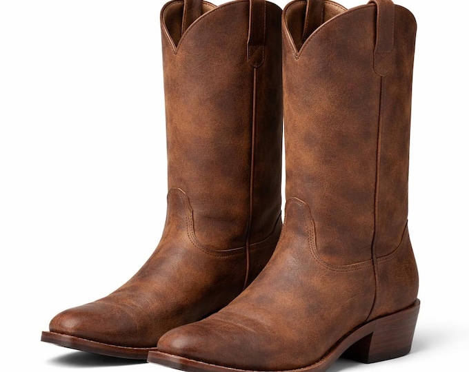 Handmade Leather Cowboy Boots Minimal Western Style Unisex Pull On Rustic Riding Footwear