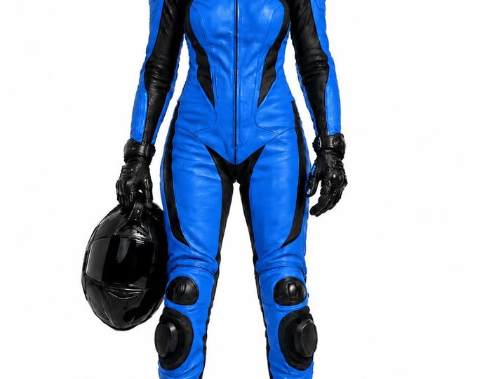 Women’s Blue Leather Motorcycle Racing Suit, One Piece Biker Gear, Protective Riding Suit