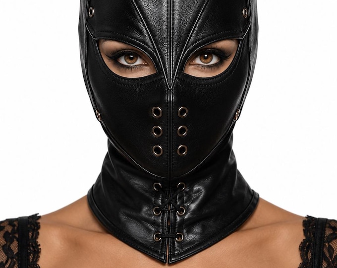Gothic Leather Hood, Open Eye Cosplay Headgear, Lace-Up Back, Halloween Costume, Handmade