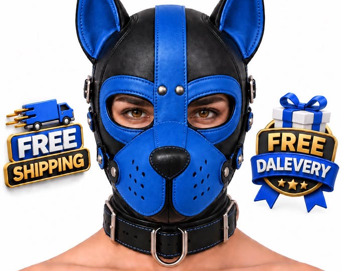 Leather Puppy Hood Mask with Ears, Handmade Adjustable Dog Hood, Detachable Muzzle