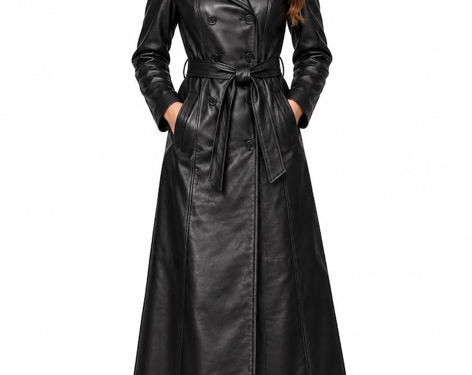 Women’s Genuine Leather Long Trench Coat, Double Breasted Belted Winter Coat