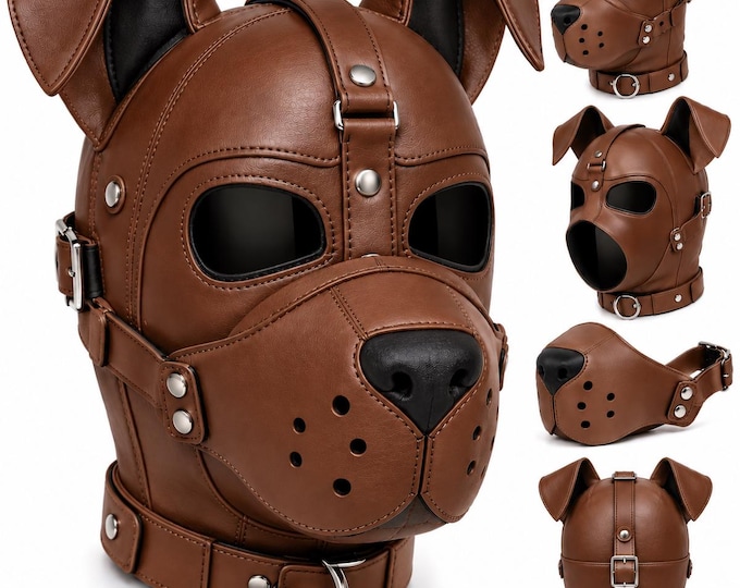 Adult Leather Puppy Hood, Handmade Dog Headgear with Removable Muzzle, Adjustable Pup Costume