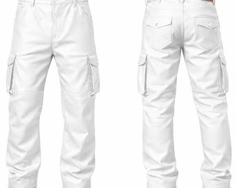 Unisex White Genuine Leather Cargo Pants – Handmade Gothic Utility Trousers with Multiple Pockets