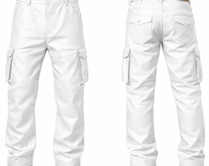 Unisex White Genuine Leather Cargo Pants – Handmade Gothic Utility Trousers with Multiple Pockets