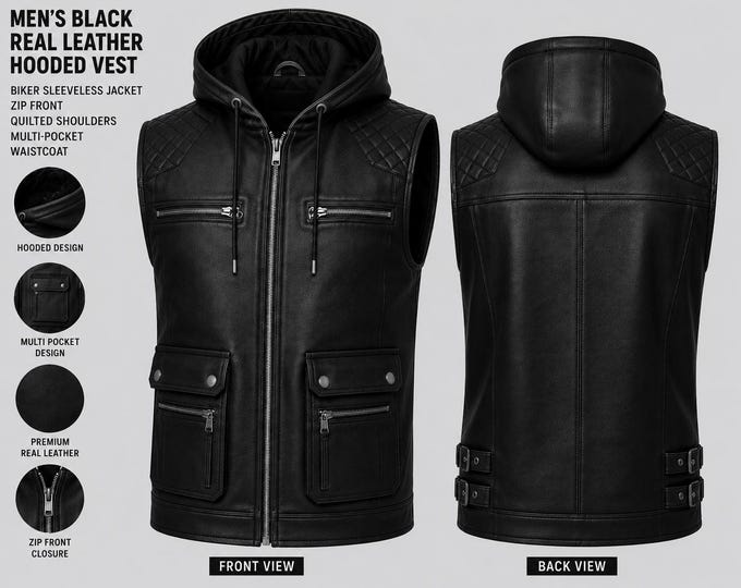 Men's Leather Hooded Vest, Biker Waistcoat, Multi-Pocket Motorcycle Vest