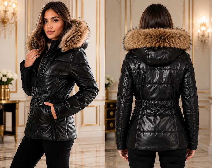 Women's Puffer Jacket with Fur Hood, Quilted Winter Coat