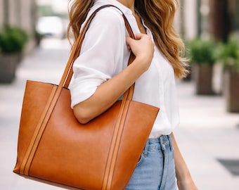 Personalized Leather Tote Bag – Handmade Large Work Purse, Custom Gift for Women