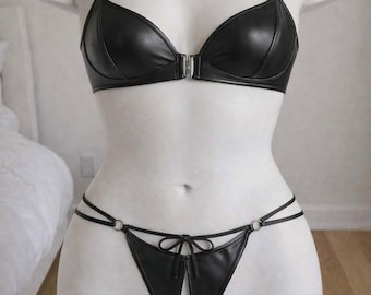 Black Leather Strappy Lingerie for Women, Sexy Bra Panty, Adjustable Gothic Style, Valentine Gift