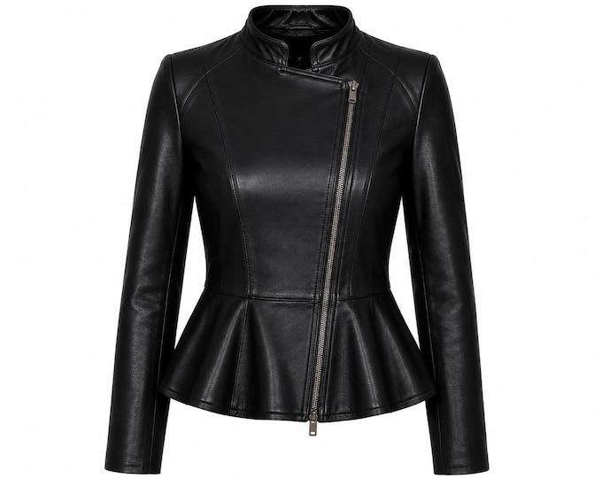 Women’s Genuine Leather Peplum Coat, Fitted Zip-Up Fashion Outerwear