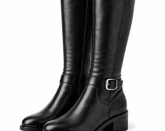 Women Knee High Leather Boots with Buckle Strap Stylish Winter Wear