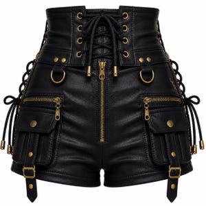Puede incluir: Shorts negros de cuero sintético de cintura alta, con cordones en la parte delantera y herrajes dorados. Los shorts tienen dos bolsillos con cremallera, bolsillos cargo y correas ajustables con hebillas, creando un estilo único y atrevido.