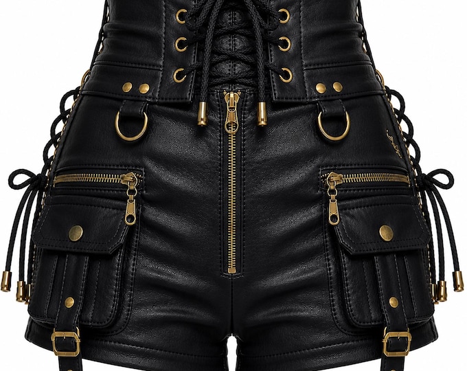 Gothic High Waist Leather Shorts Women Steampunk Cargo Pockets Zip Lace Up