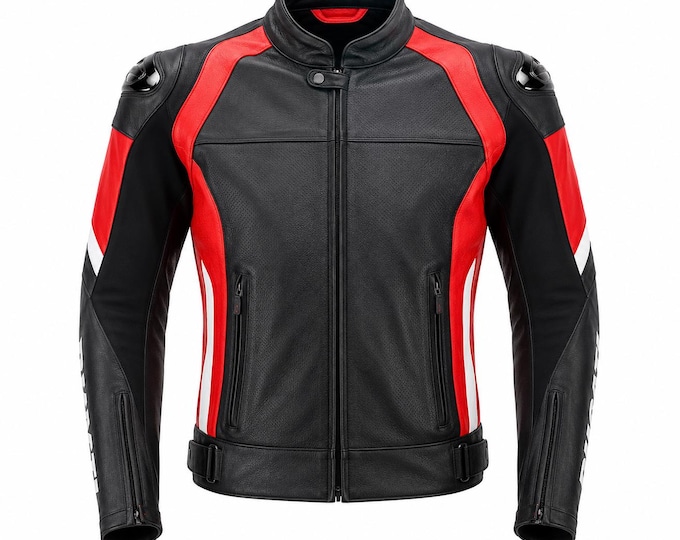Men's Racing Leather Biker Jacket, Genuine Cowhide Riding Gear, Gift for Him