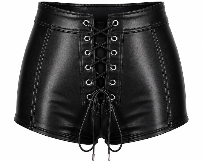 Genuine Leather Lace Up Shorts High Waist Gothic Women Biker Clubwear Punk Hot Pants