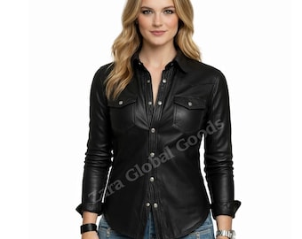 Women’s Cowhide Leather Shirt – Western Style Black Leather Top with Custom Fit