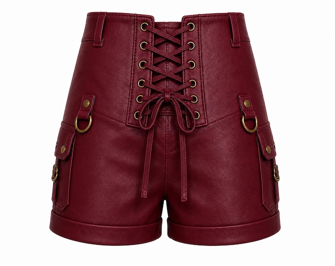 High Waist Leather Look Shorts Lace Up Corset Cargo Festival Clubwear Women