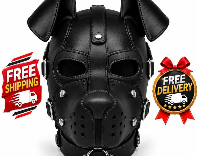 Leather Puppy Hood Mask with Ears, Adjustable Dog Hood, Removable Muzzle