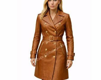 Cognac Leather Trench Coat for Women | Elegant Belted Long Coat | Handmade Genuine Leather Jacket