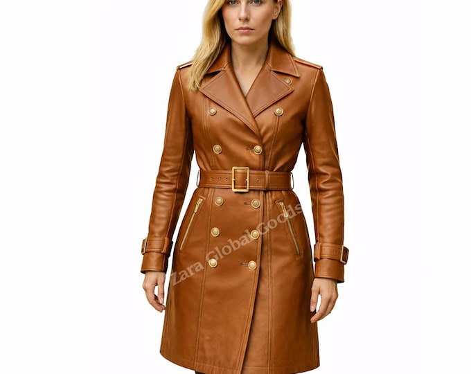 Cognac Leather Trench Coat for Women | Elegant Belted Long Coat | Handmade Genuine Leather Jacket