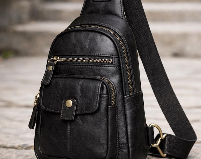 Leather Sling Crossbody Bag – 12 Colors | Multi-Pocket Unisex Chest Bag