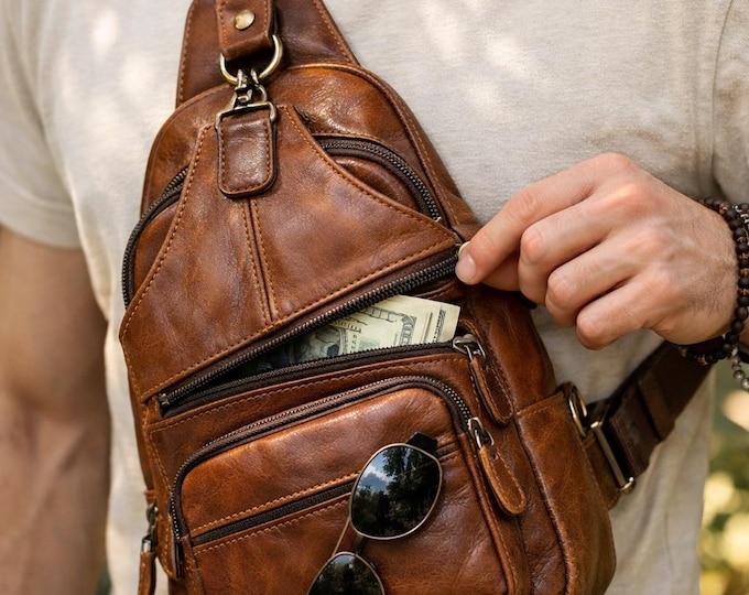 Leather Sling Crossbody, Unisex Chest Pack Multi Pocket, Travel Everyday Carry, 12 Colors
