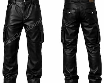 Unisex Black Genuine Leather Cargo Pants – Handmade Gothic Trousers with Utility Pockets