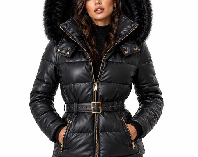 Women's Puffer Jacket, Faux Fur Hood, Quilted Winter Coat, Belted Warm Outerwear