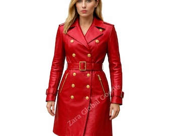 Women’s Red Leather Trench Coat | Luxury Double Breasted Belted Jacket | Gold Button Winter Leather Coat